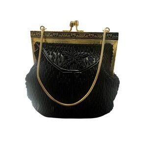Vtg 50s 60s Black Beaded Evening Bag Hong Kong Gold Frame Filigree MINT